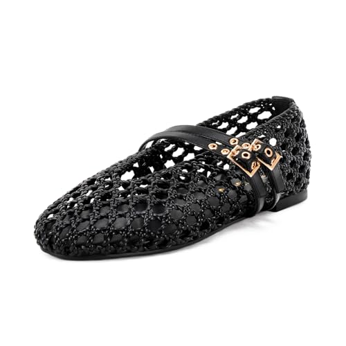 Image of Women's Woven Mary Jane Flats - Mesh Ballet Flats with Adjustable Double Metal Buckle Strap and Round Toe