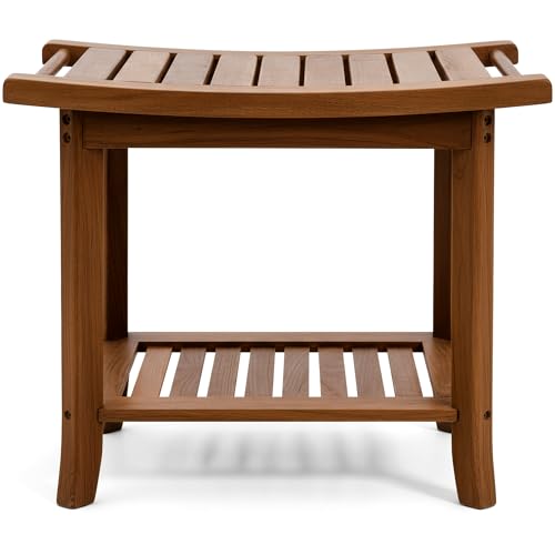 Teak shower bench with Storage Shelf, Shower Stool for Inside Shower, Waterproof Shower Bench Seat, Shower Chair for Inside Shower, Wood Bench, Bathroom Bench (Natural Wood)