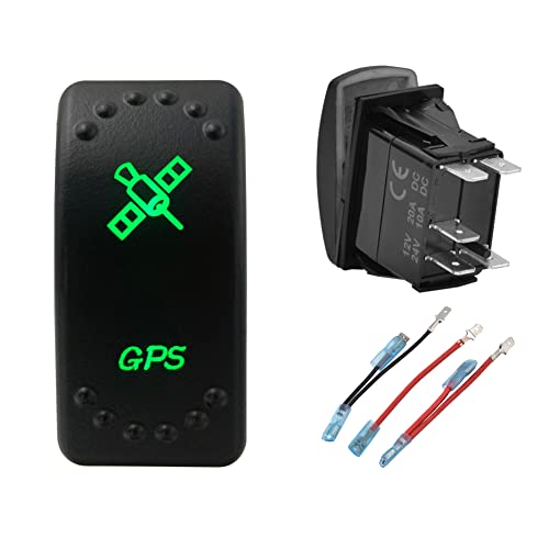 Image of Green Backlit Rocker Switch 5 Pin ON-Off Laser Etched Button Switch with Wires for Car Marine Boat UTV 20A /12V 10A /24V (GPS)