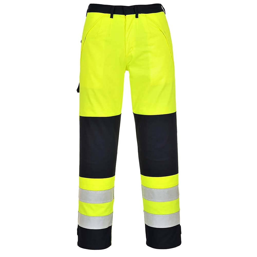 Portwest FR62 Pantalon Haute visibilité Multirisques Poche Arrière Soudure | Jaune/Marine, XL, EN ISO 20471 Classe 2, EN ISO 11612, Fermeture en Laiton Robuste, Tissu Classé UPF 40+, Coutures Doubles