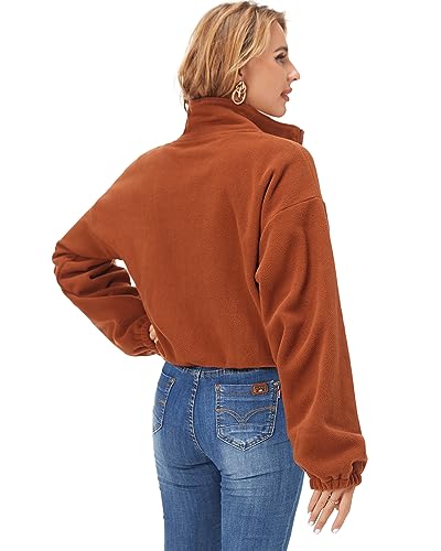 Fuinloth Women's Fleece Crop Jacket, Oversized, High Stand Collar Long Sleeve Coat3