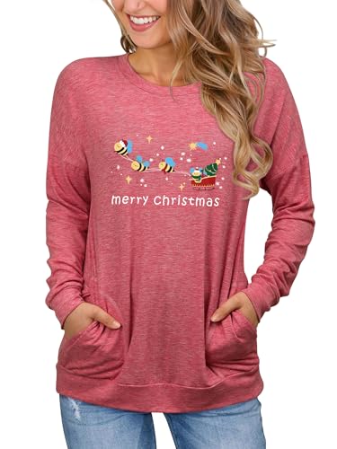 Dresswel Women's Christmas Sweatshirt Casual Loose Long Sleeve Sweatshirt with Pockets Merry Christmas Graphic Pullover Tops, Red Xmas M