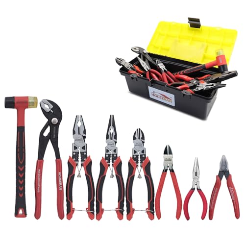 HOUSERAN Plier Set,8-Piece Tool Set with Case Including 10” Groove Joint Pliers,8.3” Long Nose,8.3” Linesman,7.5” Diagonal,6” Flush Cutter,5” Long Nose,5” 170 Cutter,Rubber Mallet for DIY & Home Use