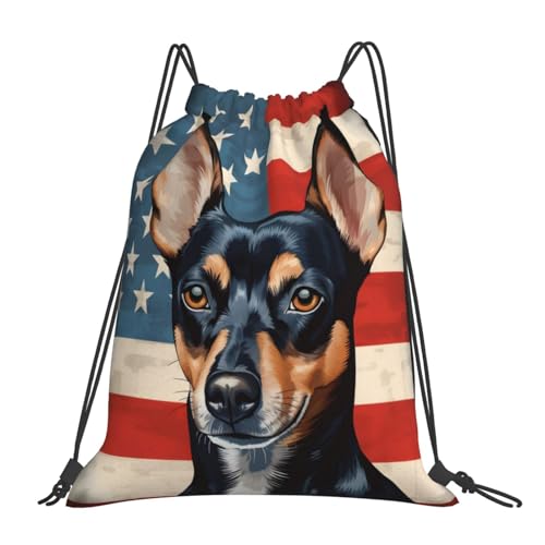 Rat Terrier Dog American Flag Bags Backpack Drawstring Bag Gym Bag Travel Hiking Beach 16X14 In