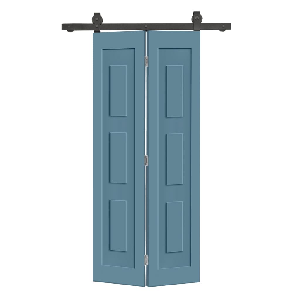 24 in. x 80 in. 3 Panel Shaker Hollow Core Dignity Blue Composite Bi-Fold Door with Sliding Barn Door Hardware Kit