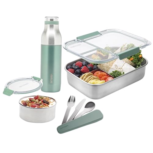 Smash Eco-friendly Bento 7-Piece Lunch Kit - Blush color - Box with 3 compartments, Snack Box, 16.9 fl oz Bottle, 3 piece travel cutlery set. (Green)
