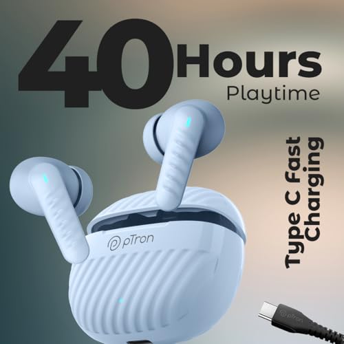 Image of pTron Bassbuds Bliss TWS Ear Buds w / 4 QuadPro Mics, 3D Audioscape, AI-ENC Calls, 40H Playtime, 50Ms Low-Latency Game /Music Modes, BTv5.3, Type C Fast Charging & IPX5 Water Resistant (Sky)
