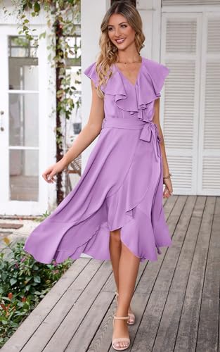 Image of PRETTYGARDEN Women's 2023 Summer Wrap Maxi Dress Casual Boho Deep V Neck Short Sleeve Ruffle Hem Split Beach Long Dresses