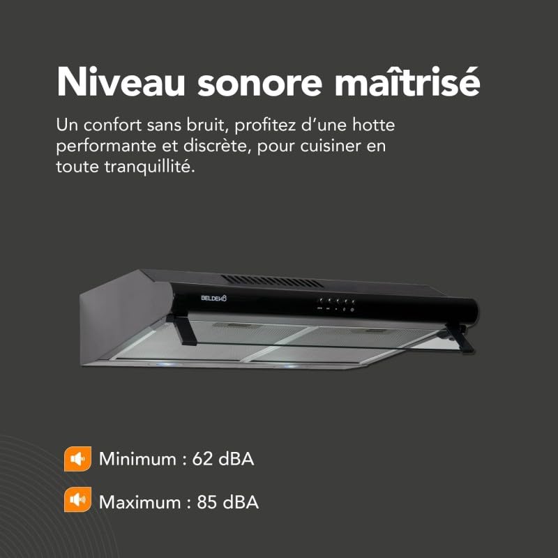 Hotte casquette visière BELDEKO 60 cm – Noir – Double moteurs – Débit jusqu’à 435 m³/h – 3 vitesses – Filtres lavables + filtre à charbon – Éclairage LED – Évacuation ou recyclage – Marque française