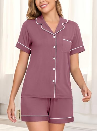 Image of Veseacky Womens Pajamas Set Short Sleeve Sleepwear Button Down Pjs Comfy 2 Pieces Soft Lounge Set S-XXL