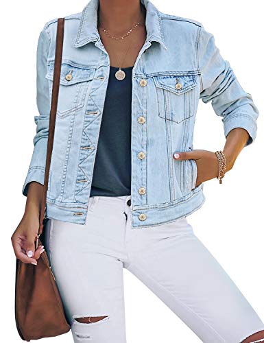 luvamia Women's Casual Basic Button Down Stretch Regular Fit Long Sleeves Denim Jean Jacket Light Blue Size Large