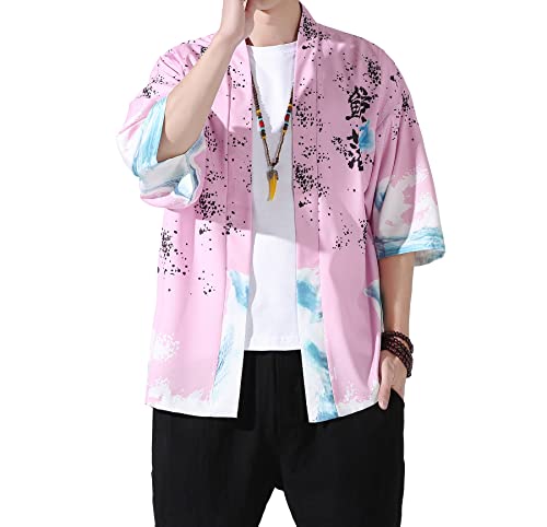Image of PRIJOUHE Men's Lightweight Kimono Jacket Seven Sleeve Open Front Cardigan Coat Japanese Style Bathrobe