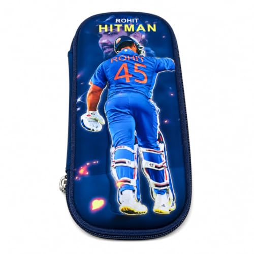 Image of KiddiBox Rohit Sharma Pencil Box | Durable Geometry Box for Kids, Anime Pencil Pouch Boys & Girls | Large-Capacity Anime Stationery Pouch | School, Travel & Gift Organizer | Blue