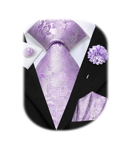 Image of Hi-Tie Men Silk Ties Set with Flower Lapel Pin Necktie Pocket Square Cufflinks for Tuxedo Wedding Business