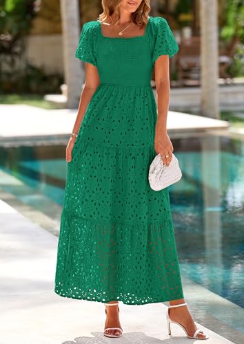 Image of PRETTYGARDEN Summer Dresses for Women 2026 Eyelet Square Neck Puff Sleeve Smocked Wedding Guest Maxi Dress with Pockets