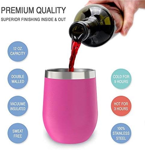 CHILLOUT LIFE 12 oz Stainless Steel Wine Tumbler with Lid - Double Wall Vacuum Insulated Wine Cup Glass Keeping Cold & Hot for Coffee, Champagne, Cocktails, Ice Cream - Powder Coated Pink - Image 3