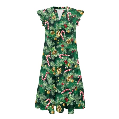 Image of Womens Summer Dress Ruffle Sleeve V Neck Dress Casual Fit Flowy Beach Vacation Sundress with Pocket S-2XL