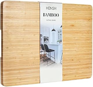 Premium Organic Bamboo Chopping Board by Hensh. Medium Size Cutting Board 40cm x 30cm x 2cm. Best for Meat, Vegetables and Cheese. Professional Grade for Durability.
