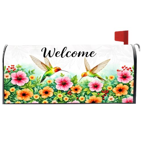 PRESSINART Spring Mailbox Cover Standard Size 18 x 21 Inch Colorful Floral Hummingbird Bird Mailbox Cover Waterproof Letter Box Wraps for Outside Yard Garden Decor Buckle Design Non Magnetic