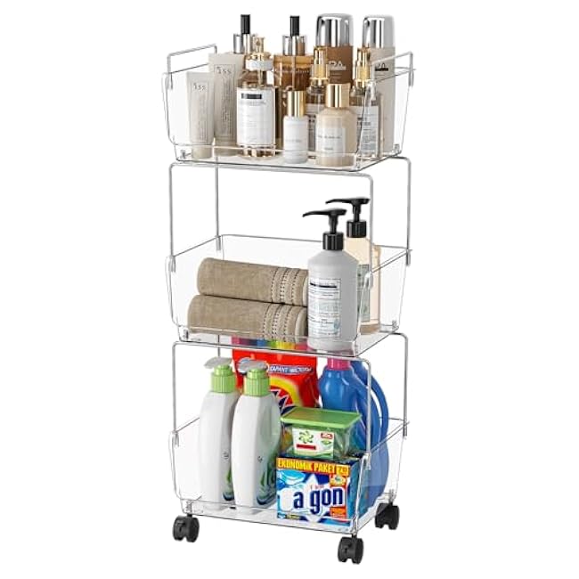 Delamu 3 Tier Rolling Cart for Kitchen, Bathroom, Office ¨C Acrylic Utility Storage Carts with 2 Lockable Wheels ¨C Ideal for Small Spaces, Pantry, Classroom, Makeup Organizer, Dorm Storage, Clear-POGPfFX5