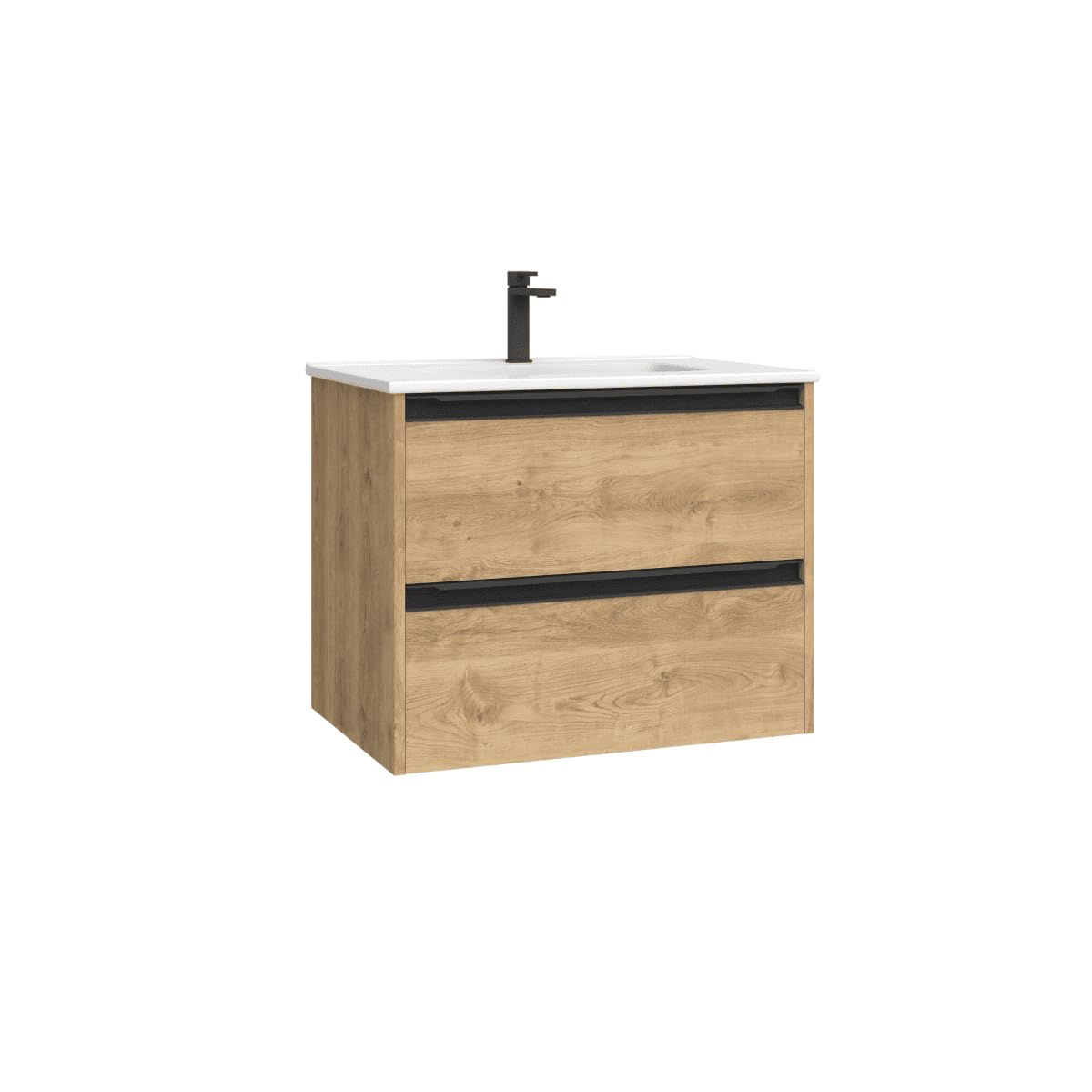 Mueble de Baño Suspendido Fondo Reducido con Lavabo Cerámico para Aseos| Mueble Volado 2 Cajones con Tirador | 50 cm Roble Natural Tirador Negro