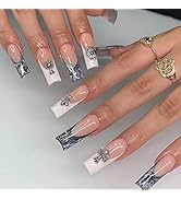 Kikmoya Extra Long Black Fake Nails Coffin White Press on Nails French Tips with Cross Design 24p...