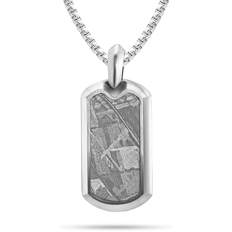 RTZN® Meteorite Necklace for Men – Premium Meteorite Mens Dog Tag Pendant Necklaces with Silver Stainless Steel Chain 22" Inch + 2" Extension Cover