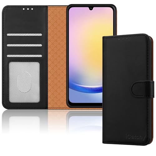 iCatchy for Samsung Galaxy A25 Case Leather Wallet Book Flip Folio Stand View Magnetic Protect RFID Blocking Cover compatible with Samsung A25 Phone Cover (Black)