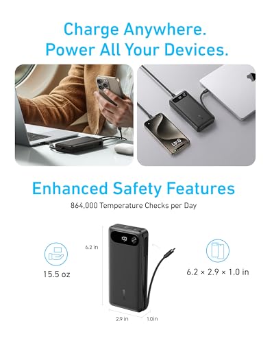 Image of Anker Power Bank, 20,000mAh Travel Essential Portable Charger with Built-in USB-C Cable, 3-Port 87W Max Fast Charging Battery Pack, for MacBook, iPhone 16 /15 Series, Samsung, Switch, and More
