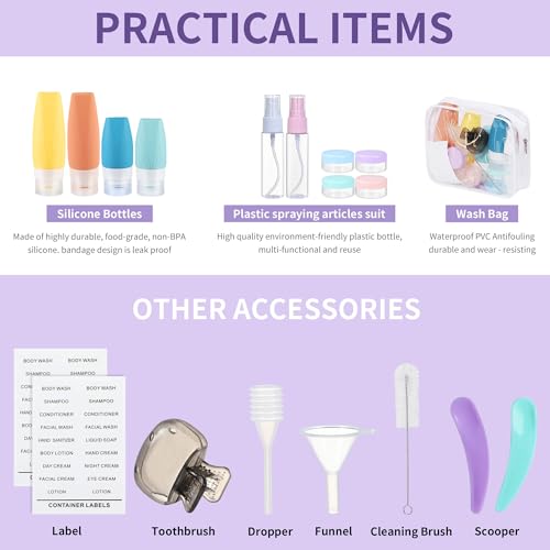 19 Pack Travel Bottles for Toiletries - TSA-Approved Leak-Proof Silicone Containers with Cream Jars Spray Bottles Funnel Brushes & Labels - Portable Refillable Kit for Shampoo Lotion & Conditioner - Image 3