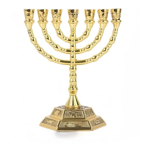 Hanukkah Menorah Candle Holder 7-Branch Candle Stand Jerusalem Candlestick Centerpiece for Jewish Holiday Party Decor Golden Home Decor Ornaments Table Centerpiece Display