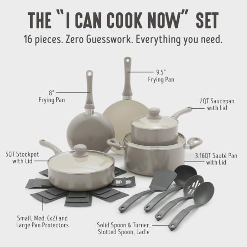 Image of GreenLife 16-Piece Nonstick Cookware Set, Non-Toxic Ceramic Pots and Pans Set, Durable Healthy Kitchen Essentials, Fast Heating, Induction Ready, Easy Clean Dishwasher Safe, PFAS-Free, Beige Taupe