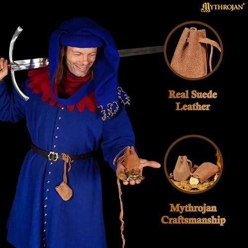 Image of Pack of 4 Mythrojan Small Trinket Pouches Suede Leather Drawstring Coin & Dice Bags for LARP, SCA, Viking & Medieval Events Color : Brown