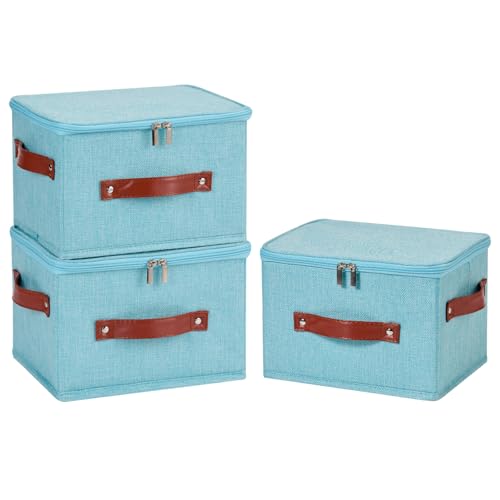 Image of 3PCS Storage Bins Boxes with Zippered Lids Cotton Linen Fabric Decorative Basket PU Leather Handles PP Plastic Board Foldable Lidded Clothing Shelf Closet Organizer Container (Blue, Small)