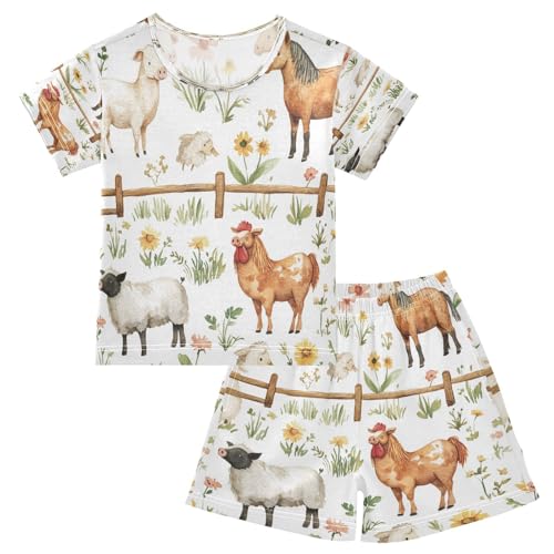 Pajama Sets Short Sleeve Farm Animals with Flowers Soft Cotton Summer Sleepwear 2 Piece PJS Size 5-14T