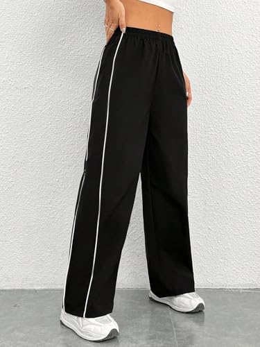 Image of Women Casual Loose Fit Track Pants High Waist Elastic Waistband Straight Wide Leg Trousers with Side Piping, Gym Yoga Running Athletic Sweatpants Comfortable