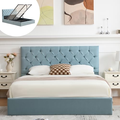 VELOCAVA Queen Size Lift-Up Storage Bed, Light Blue Linen-Textured Upholstered Platform Frame with Button-Tufted Headboard, Space-Saving Modern Design, No Box Spring Needed