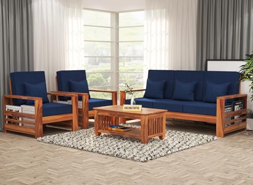 Image of Sheesham Wooden 5 Seater Sofa for Living Room | Rosewood 5 Seater Cushion Sofa with Side Rack | Solid Wood Sofa Set for Lounge (3+1+1,Honey Finish)