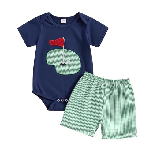 Image of Laiyqifaudy Toddler Baby Boy Golf Outfit Short Sleeve Romper and Gingham Shorts Set Summer Clothes 2 Piece Set