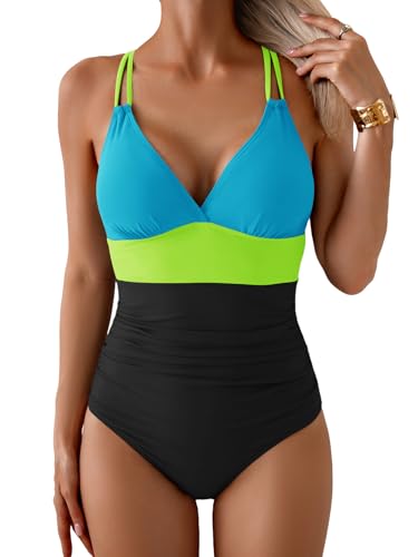 Image of Aidonger Women's One Piece Color Block Swimsuit Tummy Control Slimming Bathing Suit V Neck Cutout High Waisted Swimwear