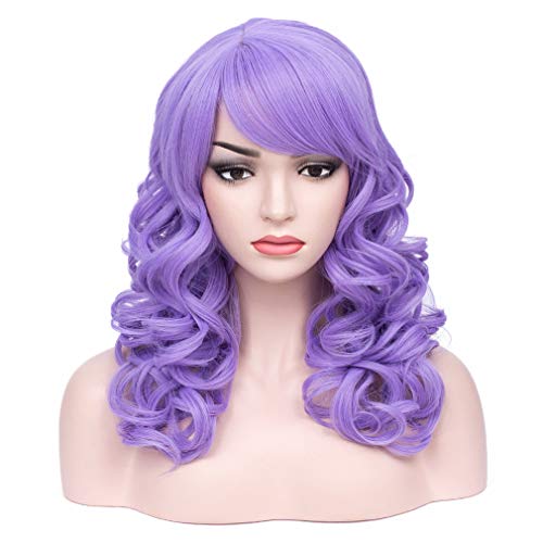 BERON 18" Middle Length Curly Wavy Wig Syntehtic Fiber Halloween Cosplay Costume Party Natural Wigs with Wig Cap (Light Purple)