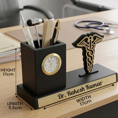 Image of Giftana 2 in 1 Personalized Desk Table Organizer with Pen Gift Set for Doctors, Customized Pen Stand Table Clock & Calendar, Customised New Year Corporate Gift Set for Employee (Doctors Symbol)