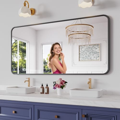 Koonmi Bathroom Mirror 30X60 Inch Black Metal Framed Mirror for Bathroom Tempered Glass Anti-Rust Rounded Rectangle Mirror for Restroom Bedroom Black