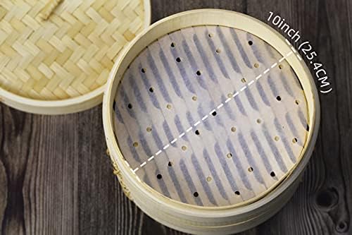 YUHO 10 Inch Bamboo Steamer 25.4 cm, 2 Tier Steamer for Cooking, 10 Paper Liners, 100% Natural Bamboo, Perfect for Steamed Buns, Dumplings, Vegetables, Rice