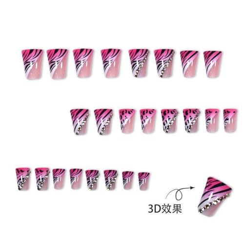 Image of Pink Leopard Print Press on Nails Rhinestone Fake Nails with Design Duck False Nail Glossy Full Cover Artificial Acrylic French Tip Stick on Nail for Women Manicure 24Pcs