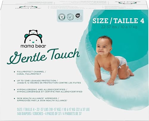 Image of Amazon Brand - Mama Bear Gentle Touch Baby Diapers, Formulated without Fragrance, Size 4, 148 Count (4 packs of 37), with Skin Protection and Leak Protection