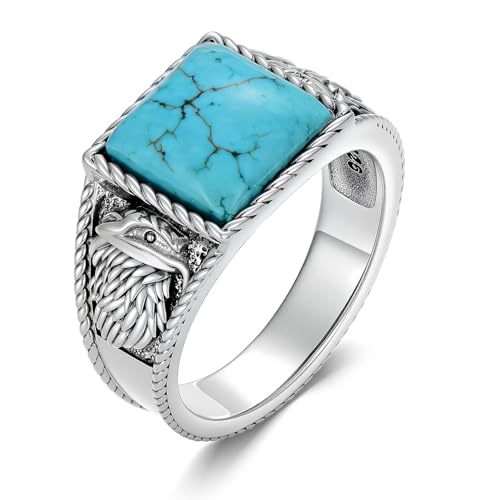 Real Square Turquoise Rings for Men with Eagle 925 Sterling Silver Genuine Gemstone Chunky Southwest Ring Jewelry for Husband