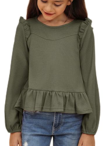 Camiseta Manga Larga 6 años niña Camiseta Infantil de Manga Larga con Volantes para niña, Verde Militar Cover
