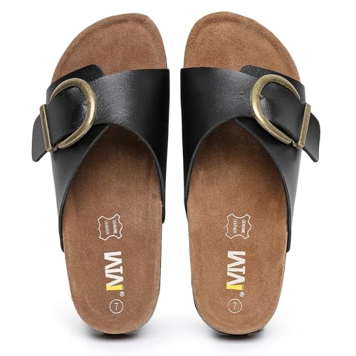 Image of WTW Women's Suede Cork Footbed Sandals Slide for Women with Arch Support | Comfortable Summer Sandals, Memory Foam Insole, Adjustable Buckle Beach Slip on Sandals for Travel and Everyday Wear