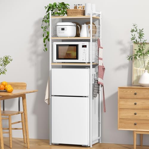 冷蔵庫ラック 3段 ゴミ箱上ラック 幅60×奥行40×高さ180cm 棚板高さ調節可 小型冷蔵庫対応 キッチンラック 食器棚 耐荷重45kg 家電/器具/キッチン用品収納 レンジ台 16個付き 組立品 (?ナチュラル)